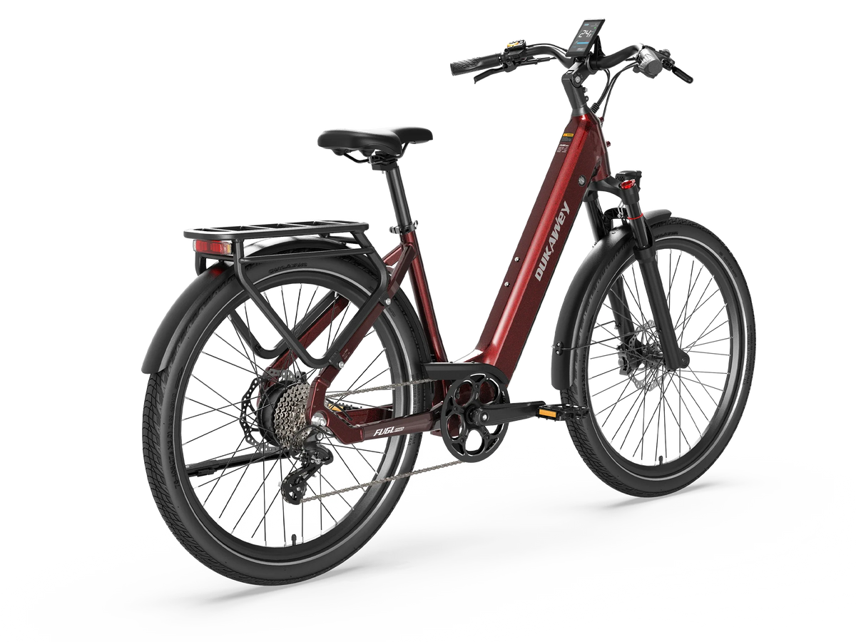 Red Dukawey FUGL Pro electric bike, rear-side view