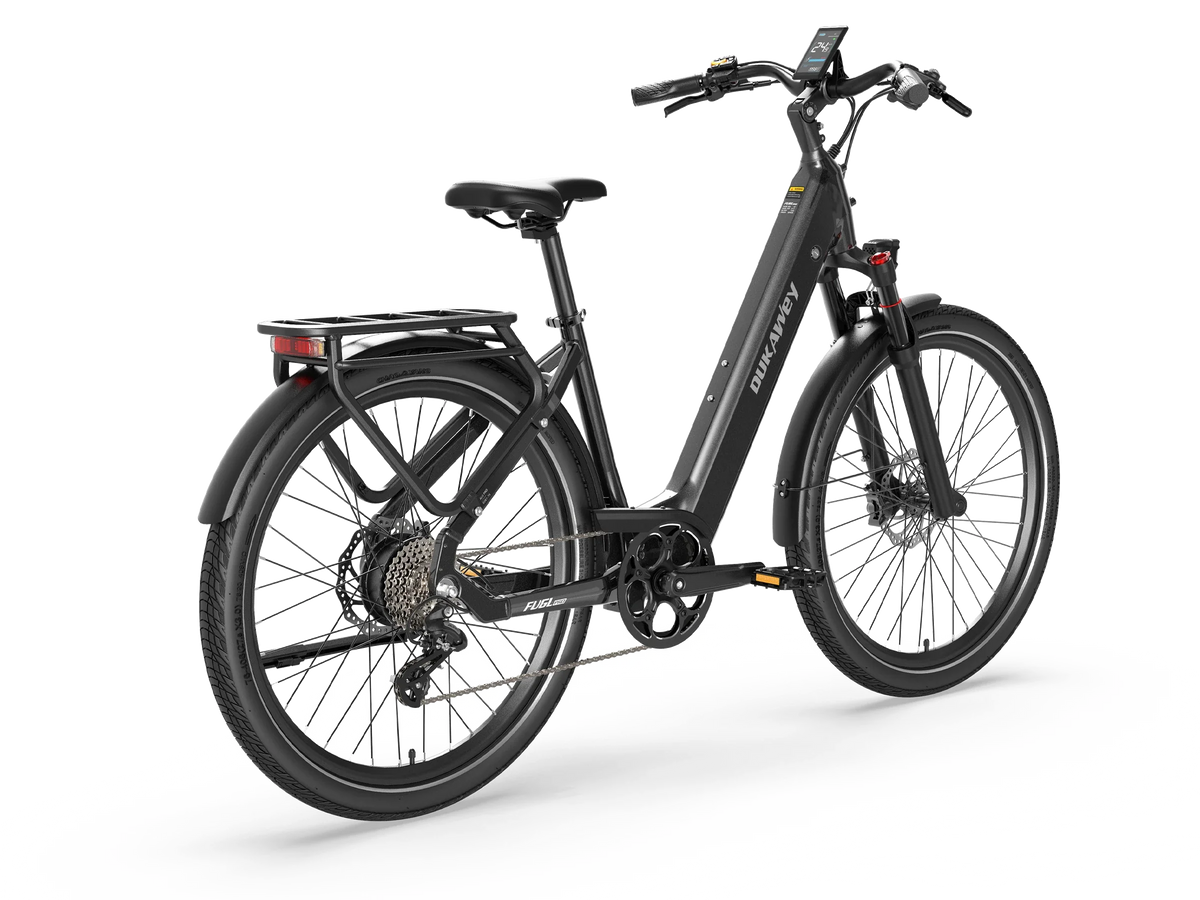 Black Dukawey FUGL Pro electric bike, rear-side view